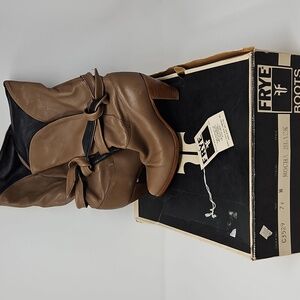 Pair Vintage 1980s Frye Disco Campus Boots High Heel 2 Tone Mocha Black Sz 7.5